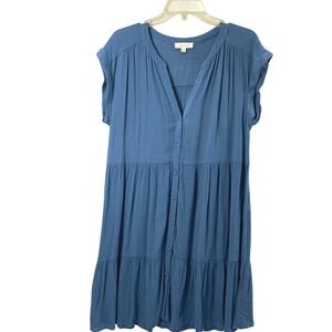 Becool Dress Women Medium Blue Gauze Tiered‎ Button Front V-Neck Boho Beach Airy